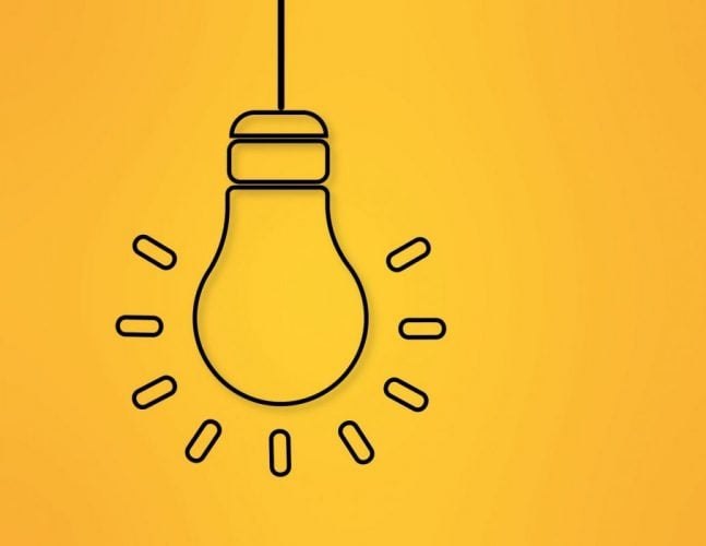 Stylistic lineart of a glowing lightbulb on a cheery yellow background